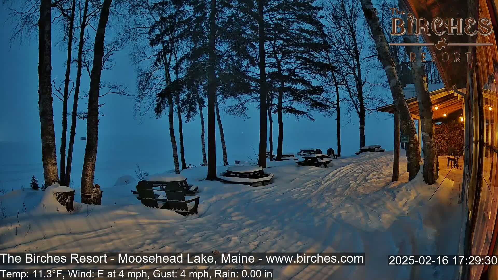 Snow-covered picnic tables sit beneath bare trees near a lakeside building at twilight in a light snow.