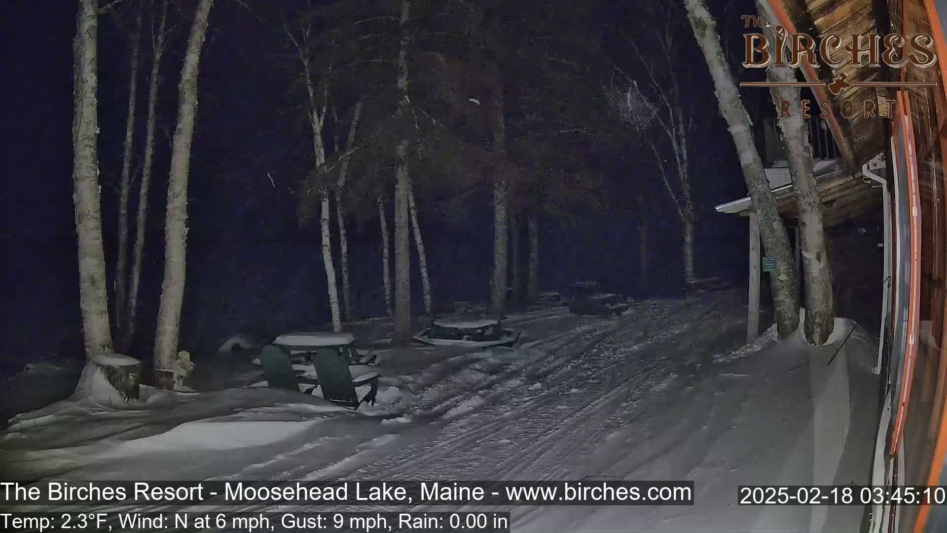 A snow-covered area with picnic tables and trees at night, under a dark sky with a north wind.