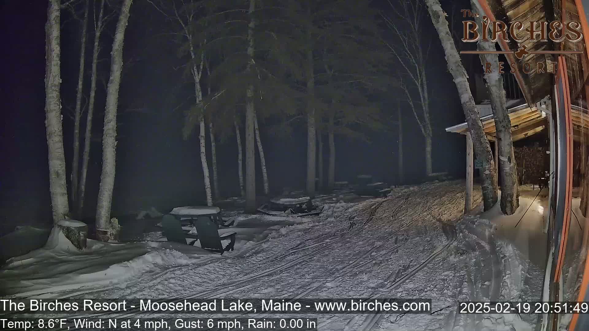 A snow-covered area with several chairs and picnic tables under tall birch trees at night, with a north wind at 4 mph and gusts up to 6 mph.