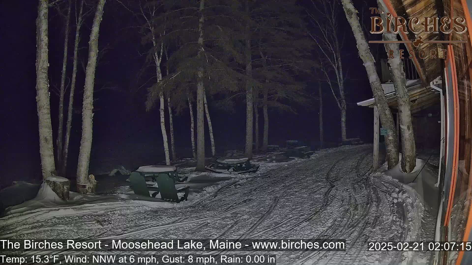 A snow-covered area at night, illuminated by artificial light, shows several picnic tables and chairs under birch trees, with a building partially visible in the background, during a rainy period with a 6 mph wind and 15.3°F temperature.