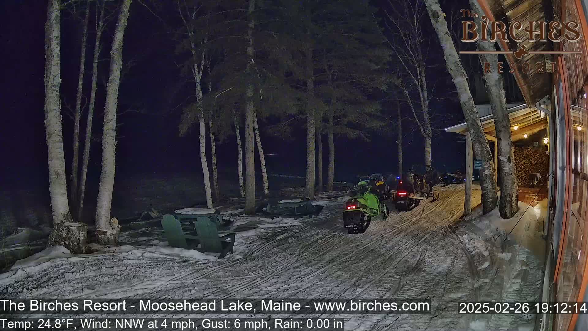 Several snowmobiles are parked near a lakeside building at night in snowy conditions with a northwest wind.