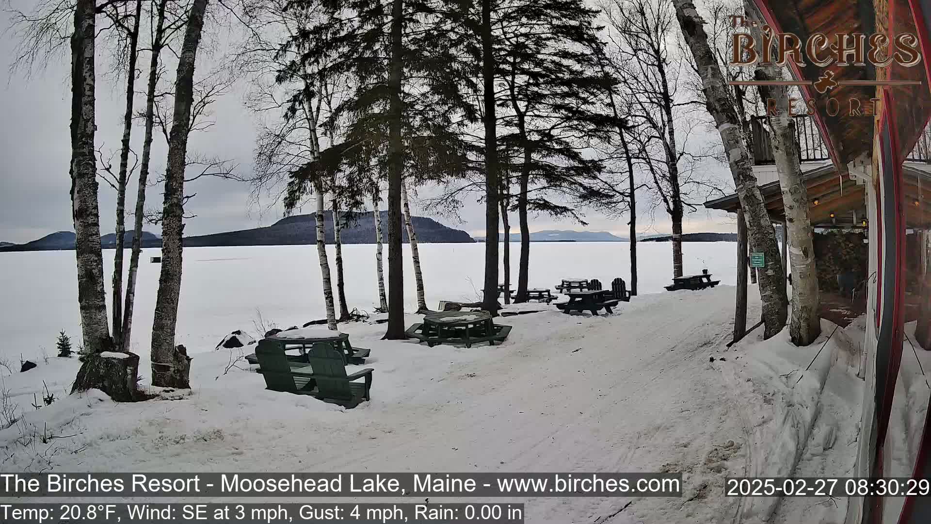 A snow-covered lakeside area with picnic tables and bare trees under an overcast sky.