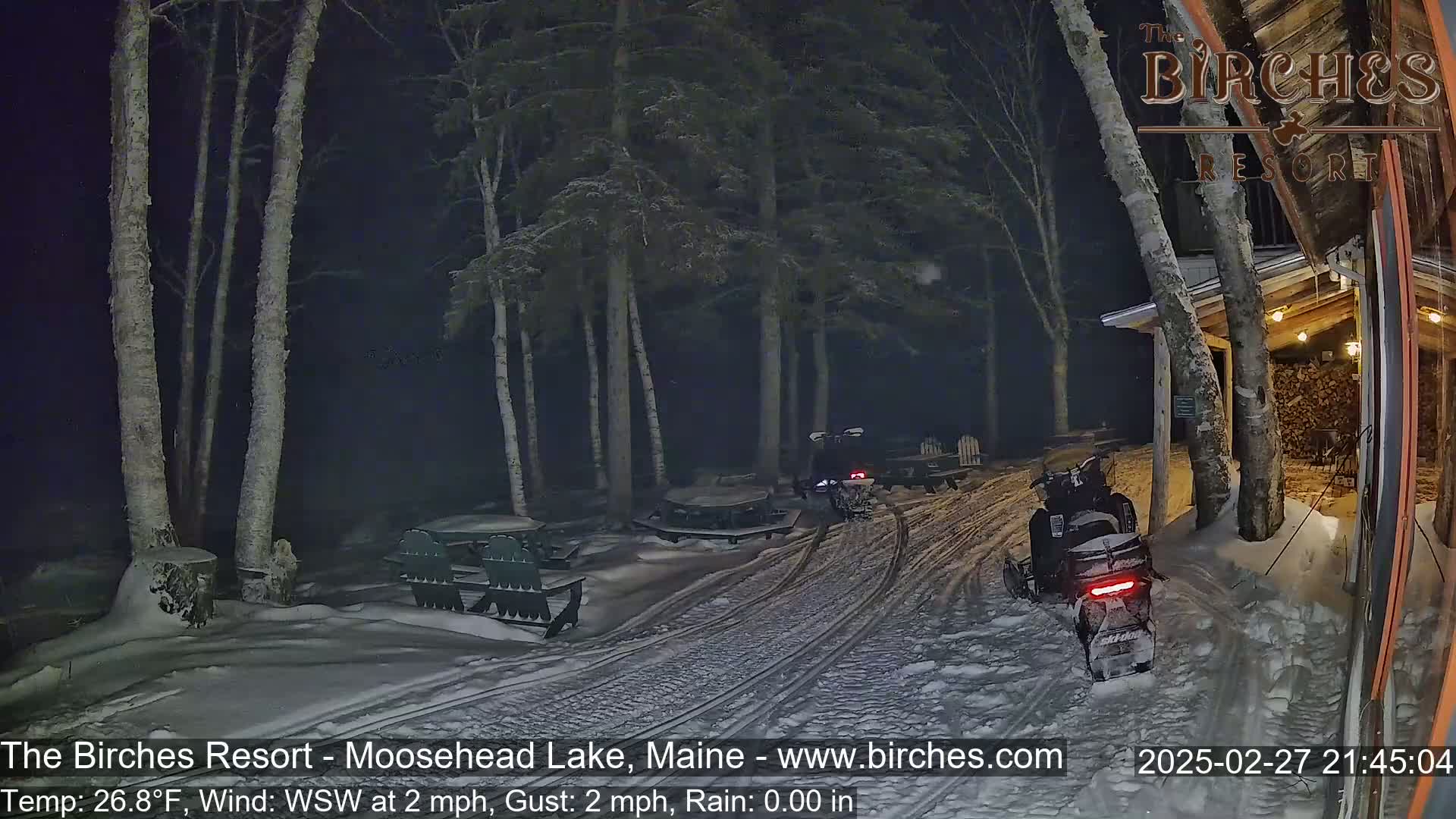 Two snowmobiles are parked in a snowy area at night near a building and several picnic tables under birch trees, with a light wind.