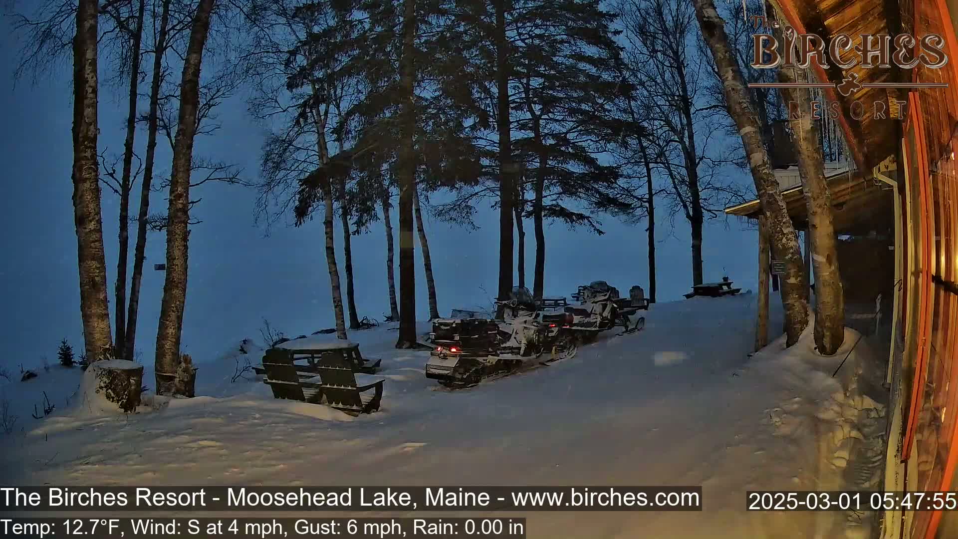 Several snowmobiles are parked outside a snow-covered building near some trees in the twilight, with a light snowfall.