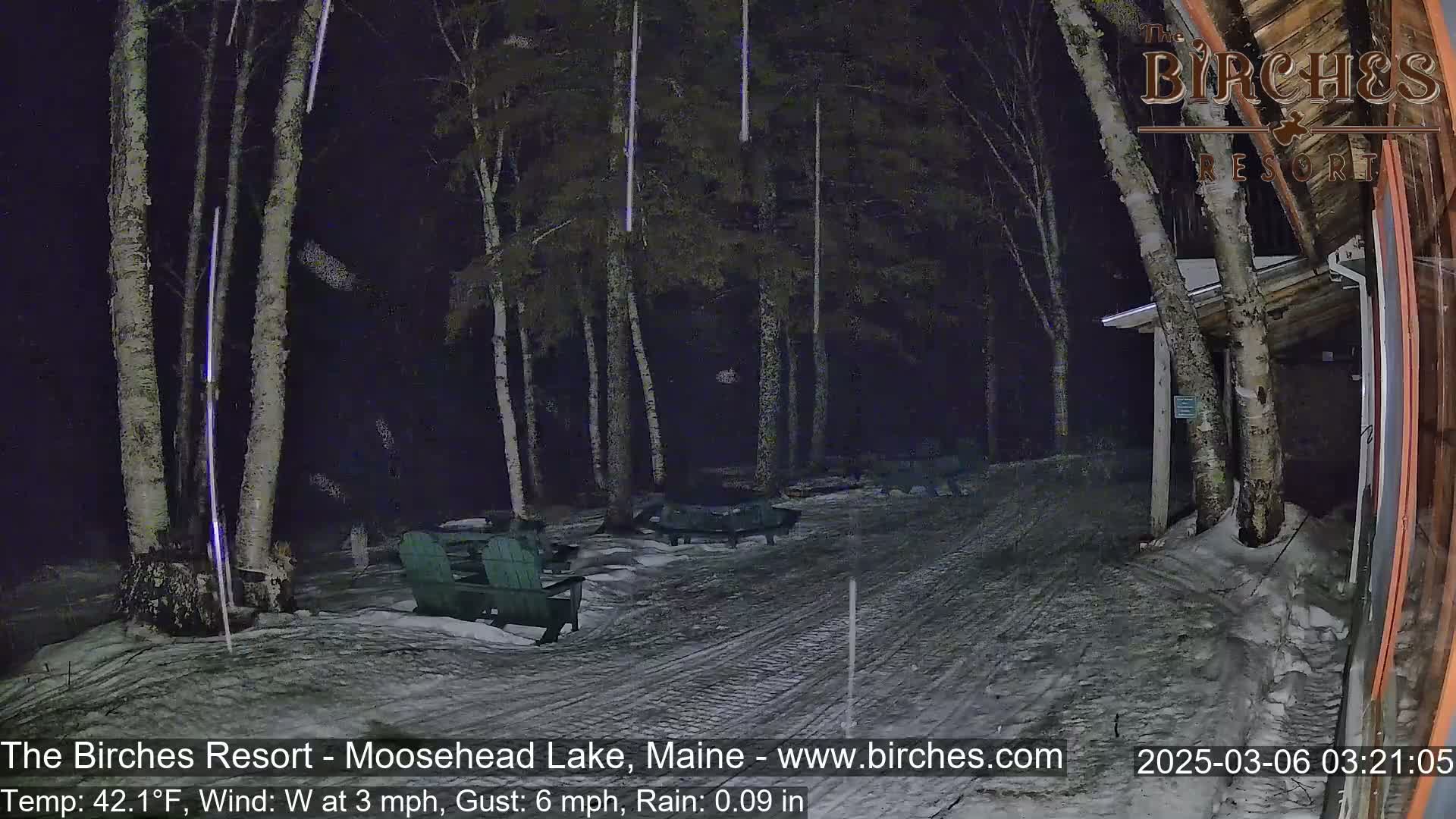 A nighttime scene of a snow-covered path, illuminated by lights, with several empty green Adirondack chairs, birch trees, and a building under light rain.