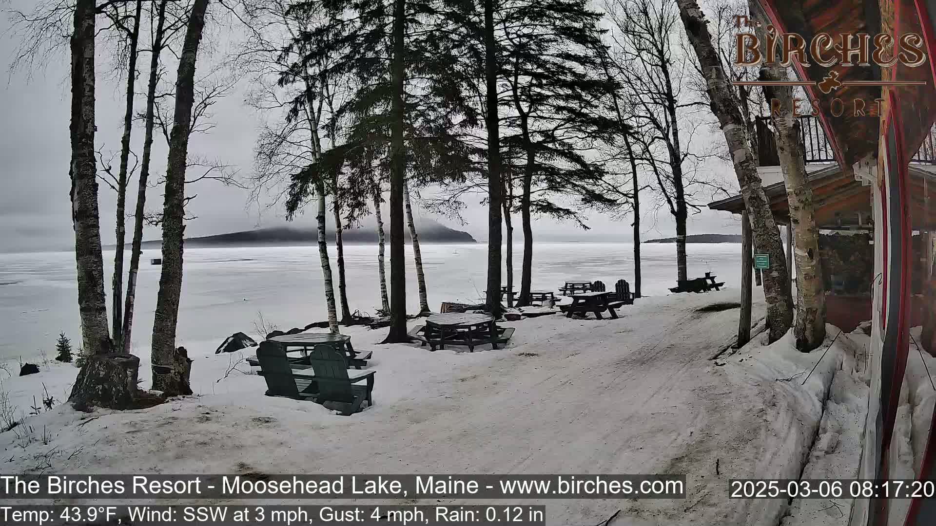 Several picnic tables sit on a snow-covered lakeside area under a gray, rainy sky.