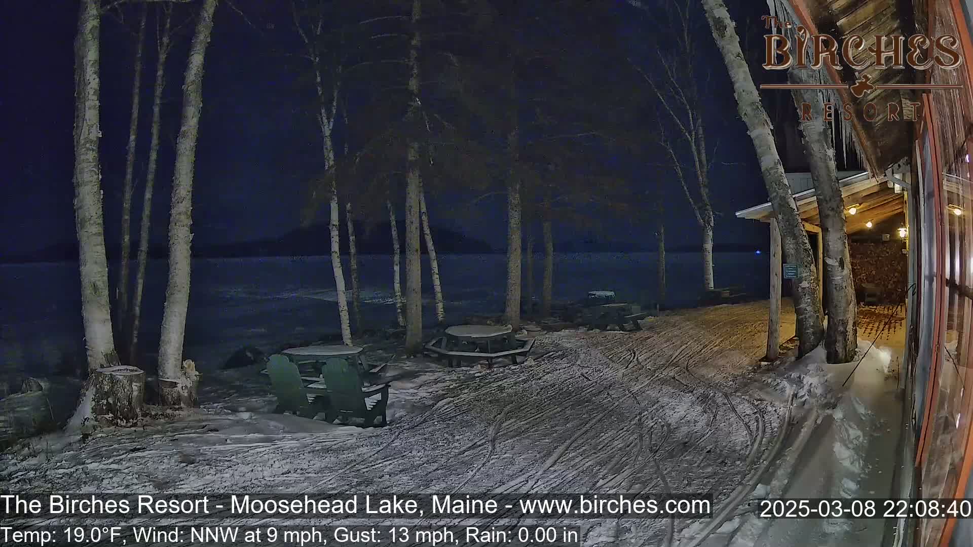 A snow-covered lakeside patio at night, under a dark sky, features several picnic tables and chairs near birch trees, with a calm lake visible in the background.