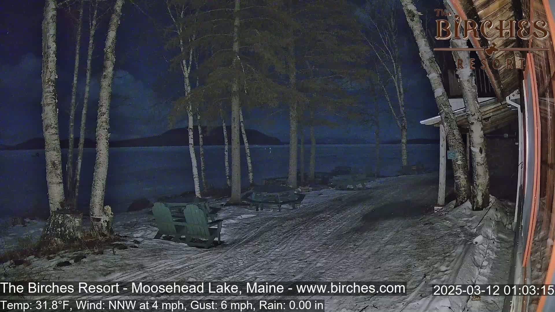 A snow-covered lakeside area at night, under a dark sky, is lit by a moon; birch trees stand near a building and some outdoor furniture.