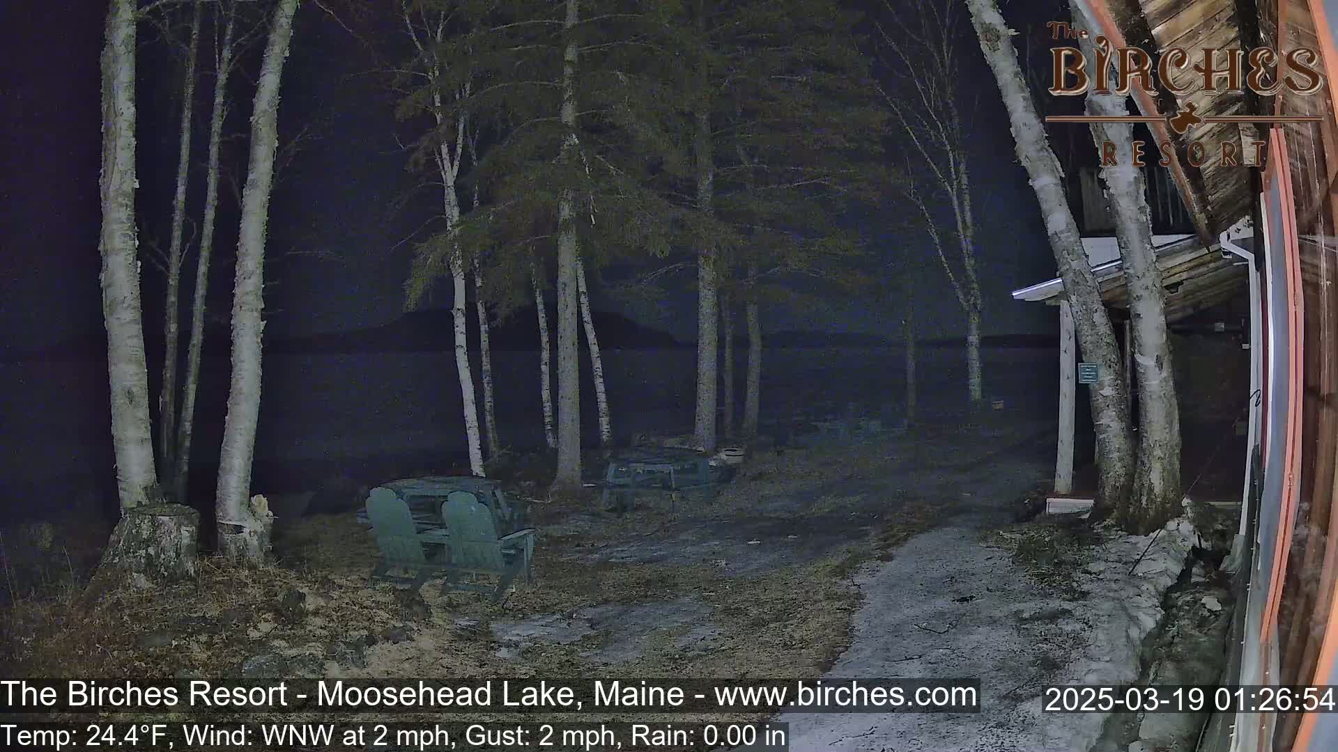 A nighttime view of a lakeside area shows a pathway leading to a building, with several birch trees and Adirondack chairs visible under a dark sky.