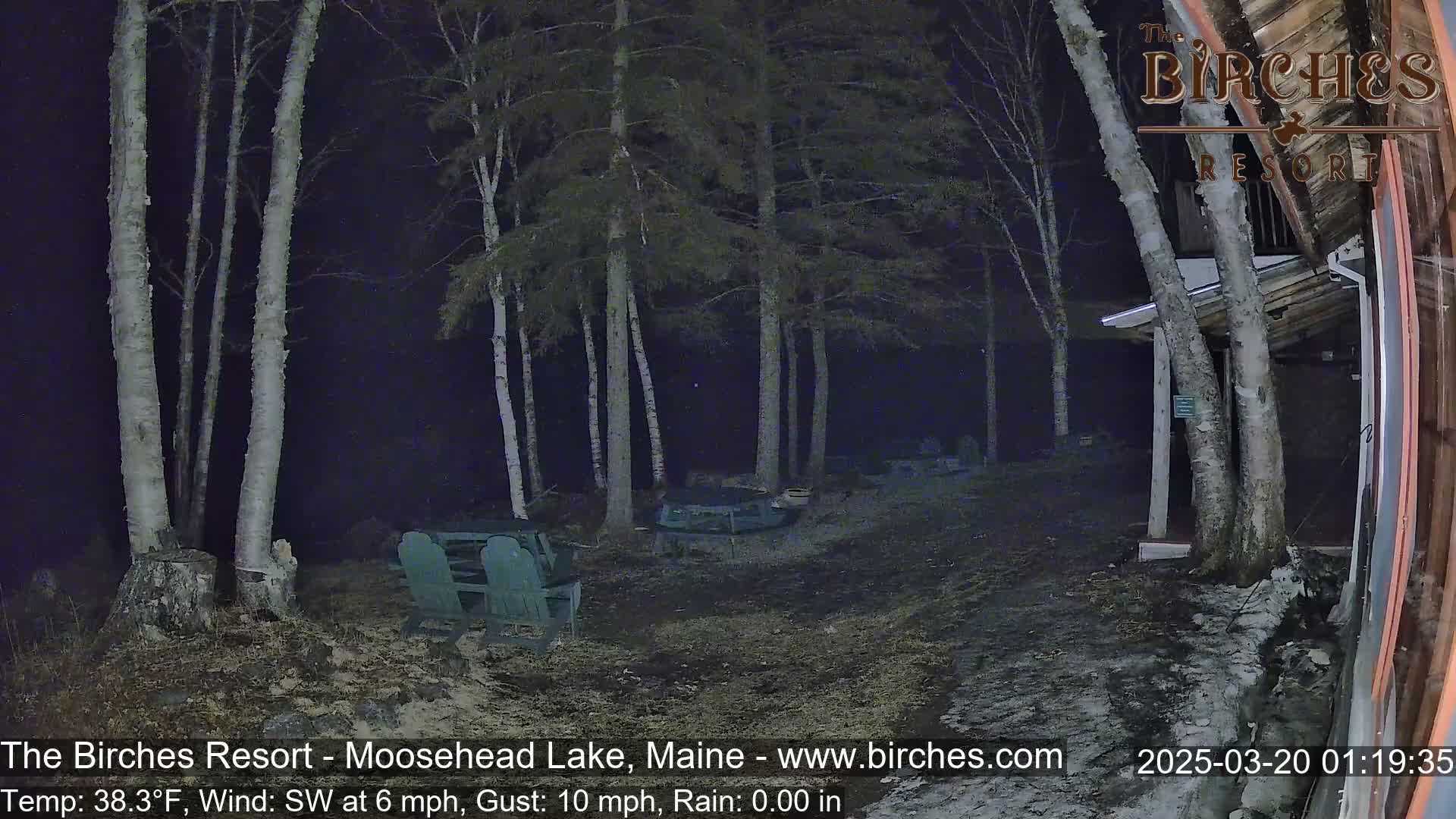 A nighttime outdoor scene shows a sparsely lit area with several bare trees, Adirondack chairs, and a building, under conditions of a 38.3°F temperature, a southwest wind at 6 mph with gusts up to 10 mph, and no rain.