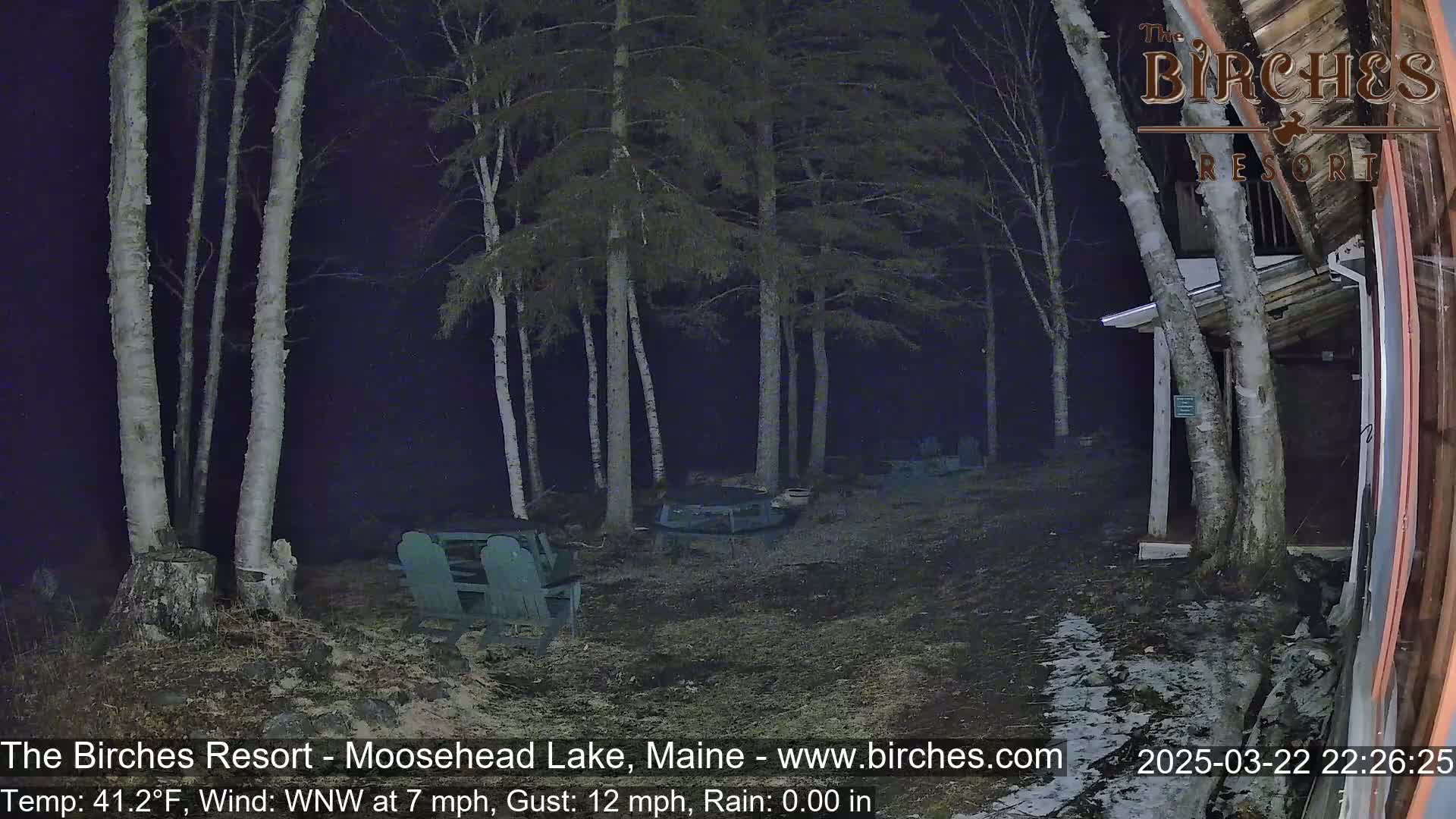A nighttime outdoor scene shows several birch trees surrounding a patio area with some outdoor furniture, under a dark sky with a wind of 7 mph and gusts up to 12 mph.
