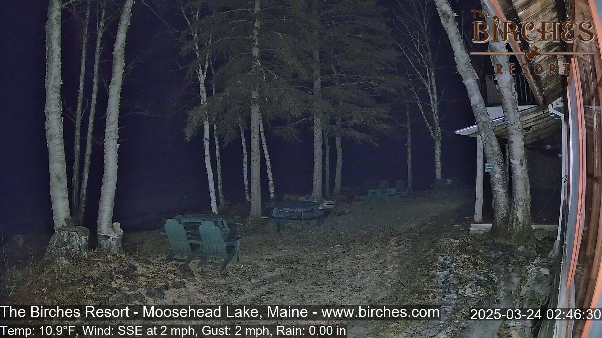A nighttime outdoor scene shows several birch trees surrounding empty picnic tables and chairs in a sparsely lit area with a building partially visible in the right corner, under conditions of light rain and a south-southeasterly wind.