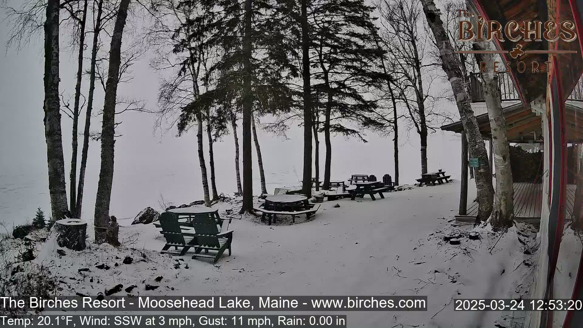 A snow-covered outdoor patio area with picnic tables and chairs sits near a lake under an overcast sky.