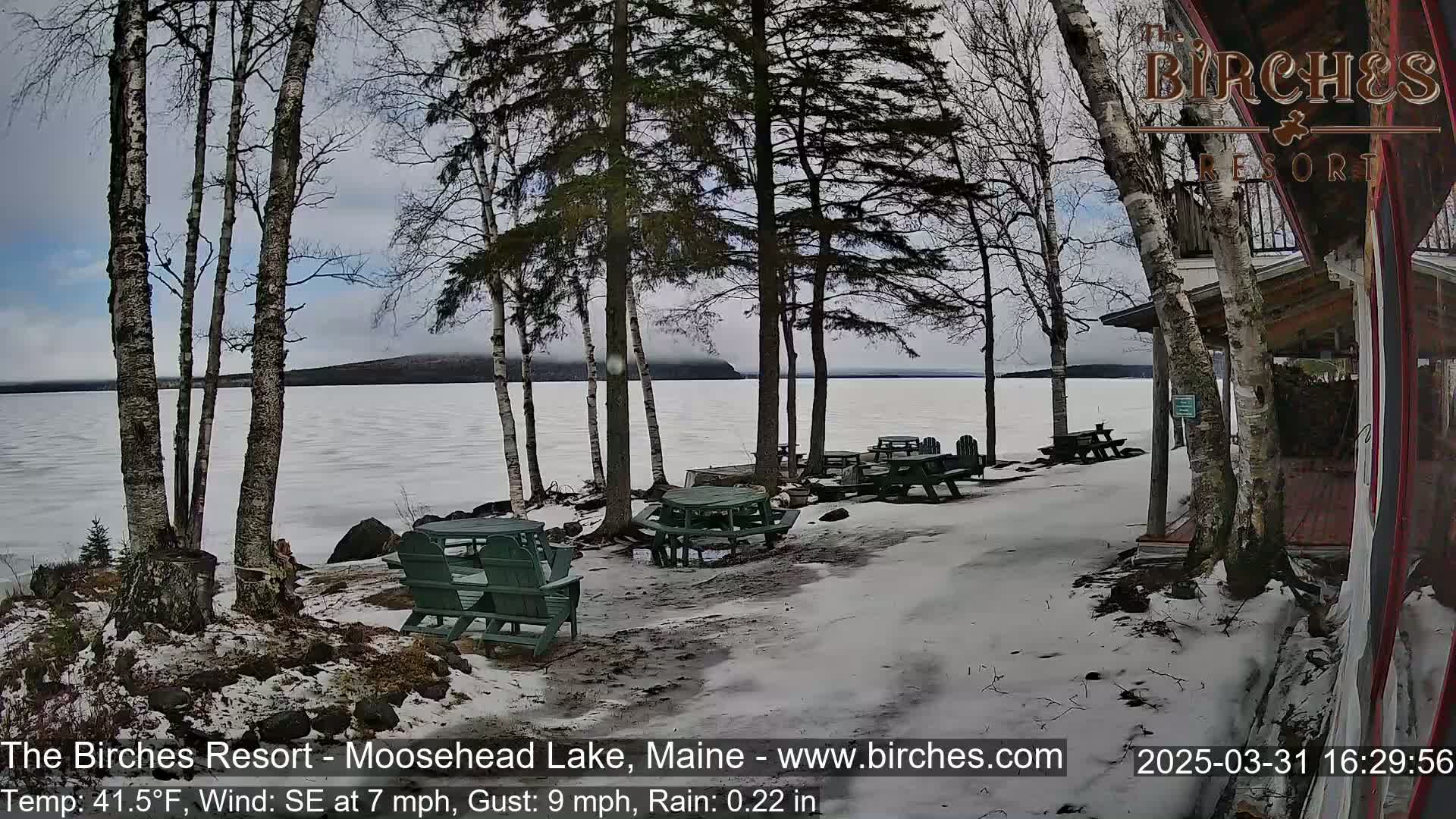 A snow-dusted lakeshore with several empty picnic tables and chairs under bare trees, overlooking a partially frozen lake on a rainy day.