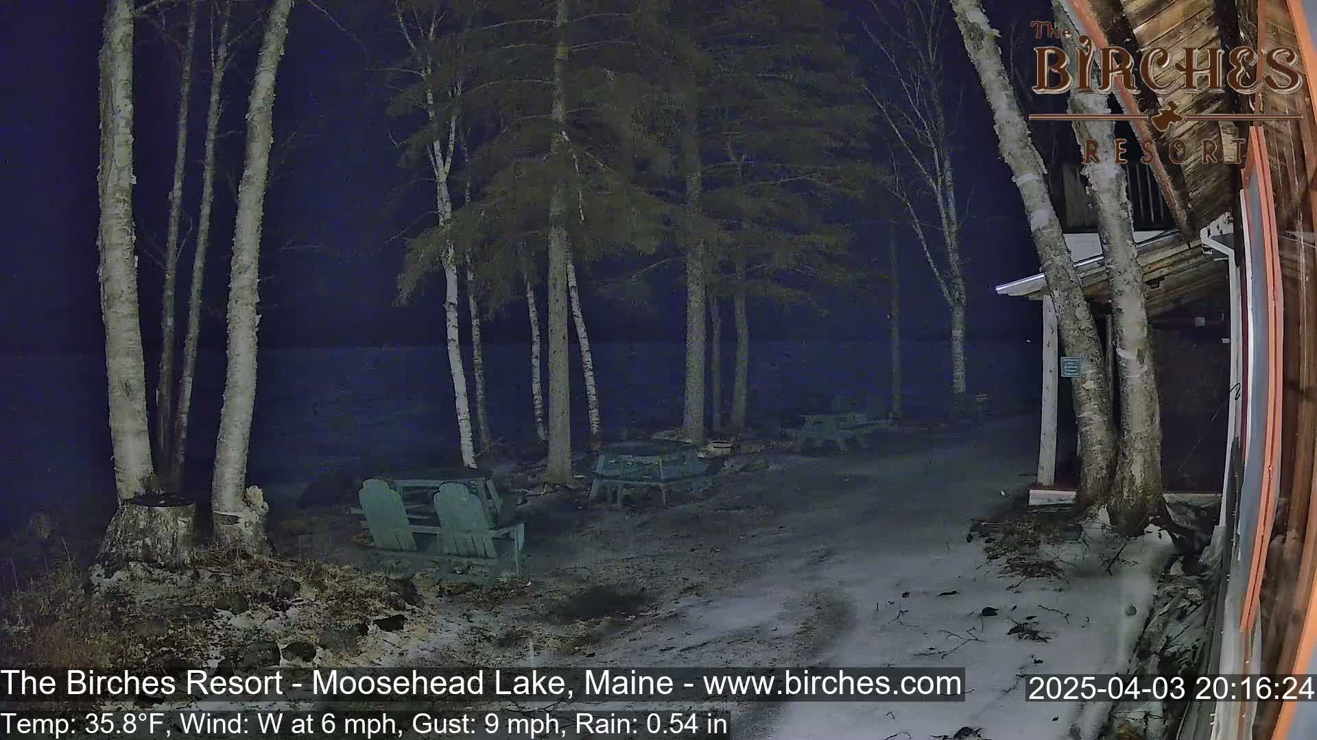 A nighttime, rainy scene shows several picnic tables and Adirondack chairs situated near birch trees next to a building.