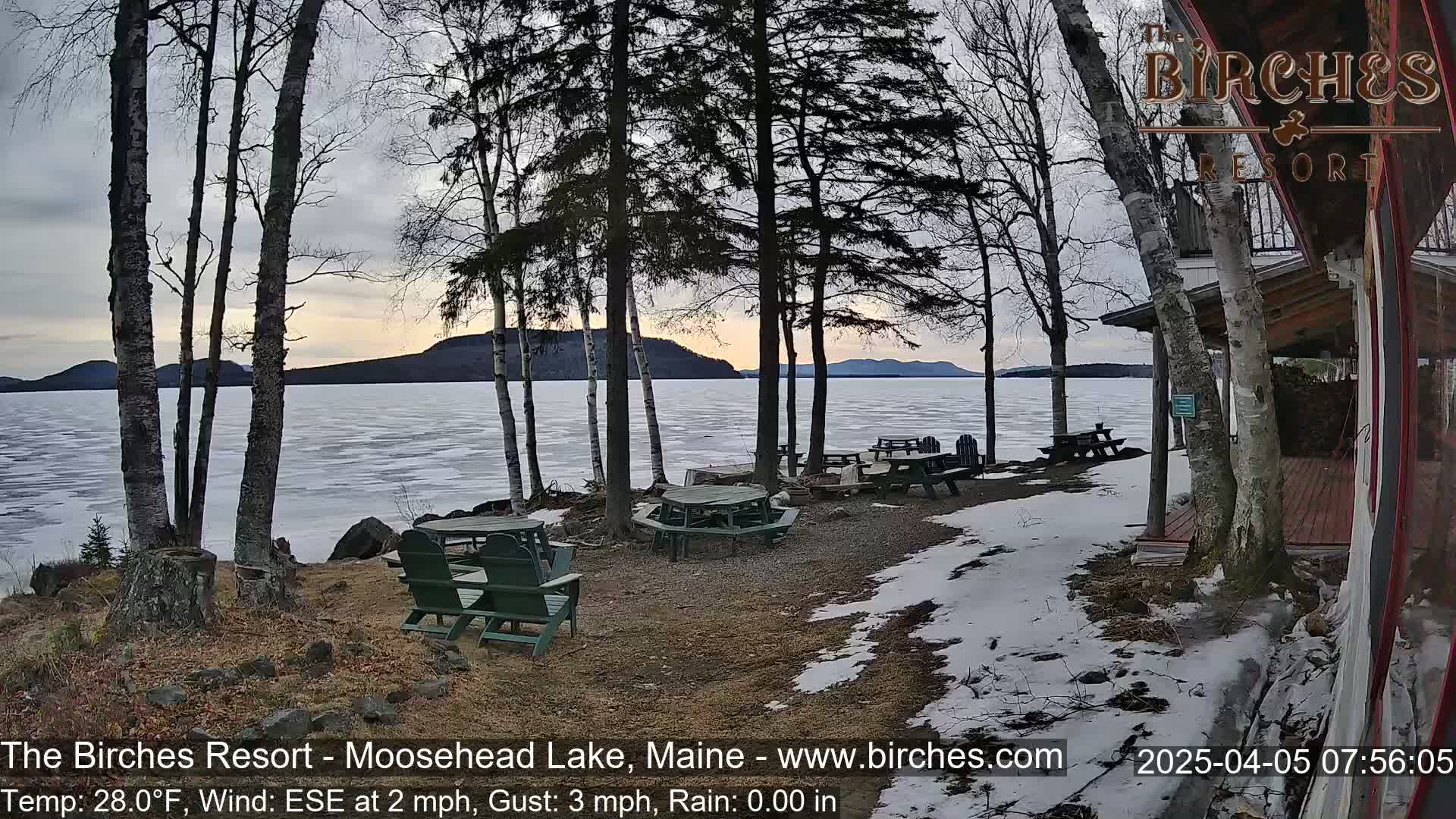 A partially frozen lake is visible behind several picnic tables and Adirondack chairs situated on a snow-dusted lakeside area with birch trees under a cloudy sky.