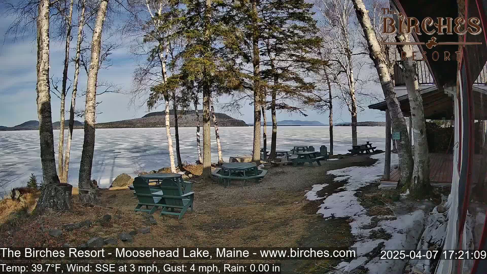 A partly sunny day with a partly frozen lake, picnic tables, and birch trees near a building with snow patches on the ground.