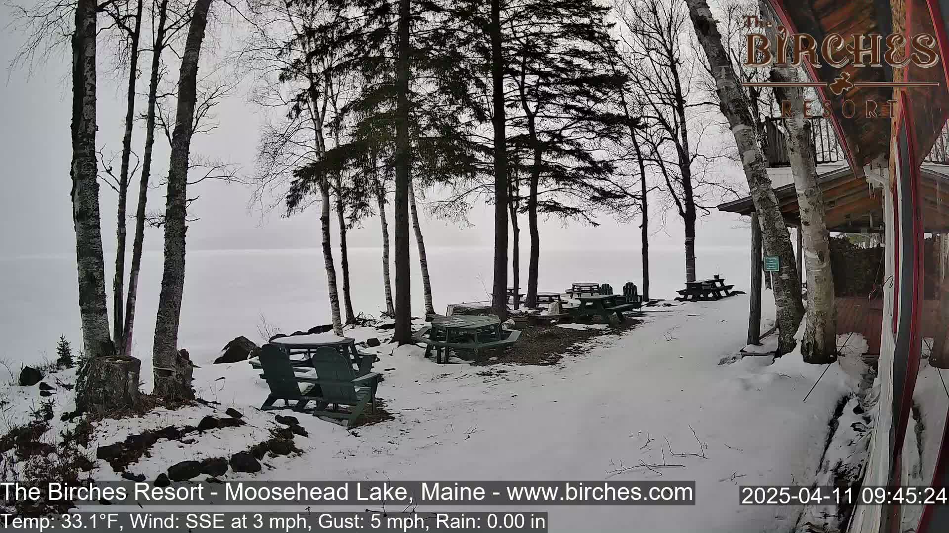 A snow-covered lakeside area with picnic tables and Adirondack chairs under bare trees in overcast weather.