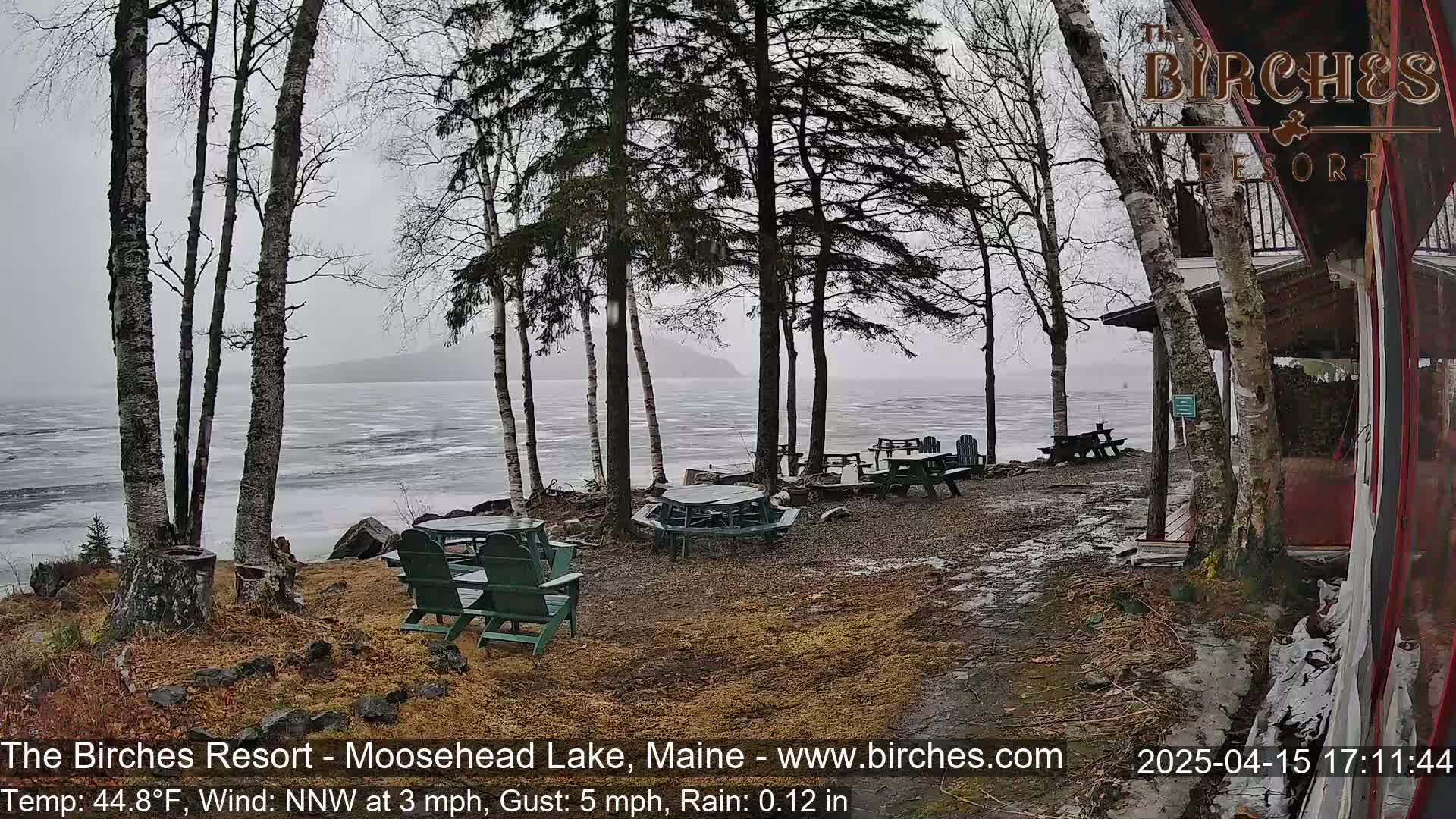 A lakeside area with several picnic tables and chairs is partially covered by bare trees under a gray, rainy sky, showing a partially frozen lake in the background.
