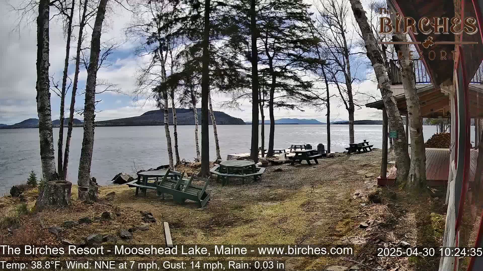 Several picnic tables are scattered on a lakeside gravel area next to a building, with bare trees and a calm lake under a partly cloudy sky.