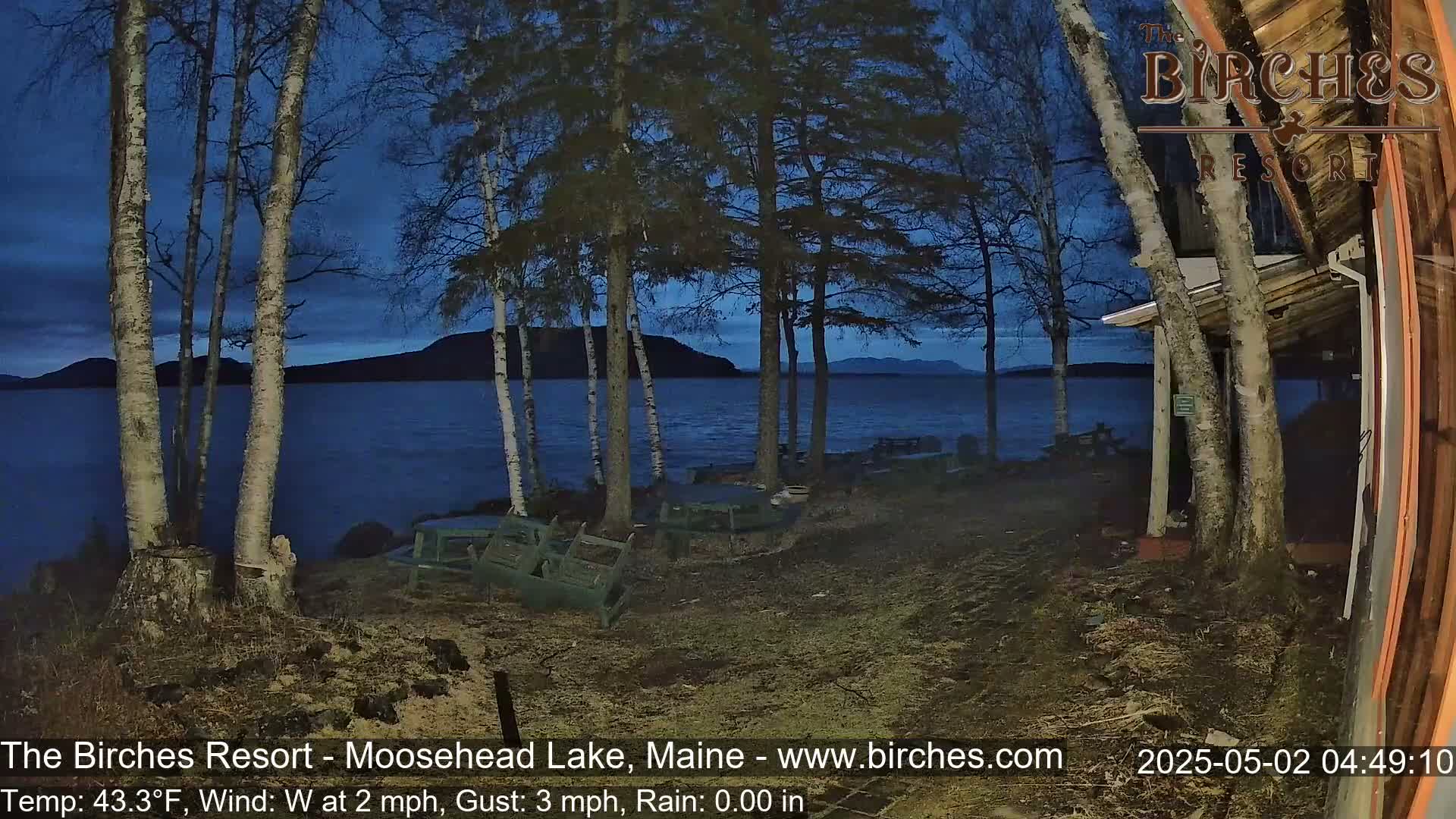 A dark, calm lake is visible through birch trees at dusk, with picnic tables scattered along the shoreline near a building.