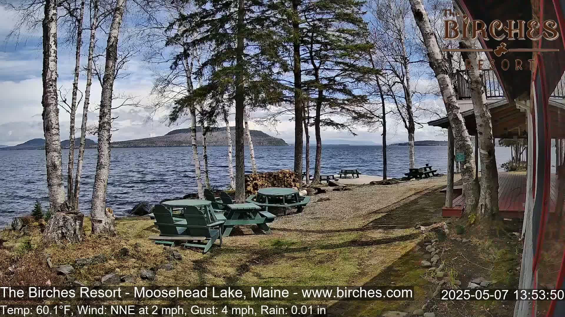 A lakeside patio with green picnic tables and chairs sits beneath birch trees on a partly cloudy day, overlooking a calm lake and distant mountains.