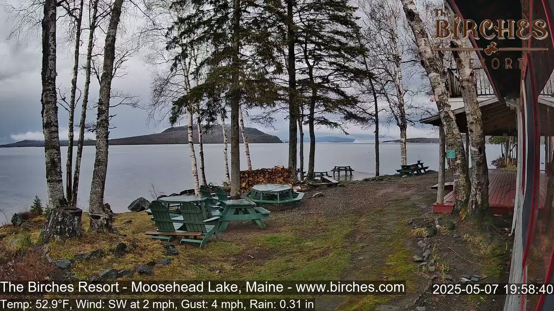 A lakeside view with several picnic tables and chairs under a gray sky with light rain, showcasing bare trees and a calm body of water with distant hills.