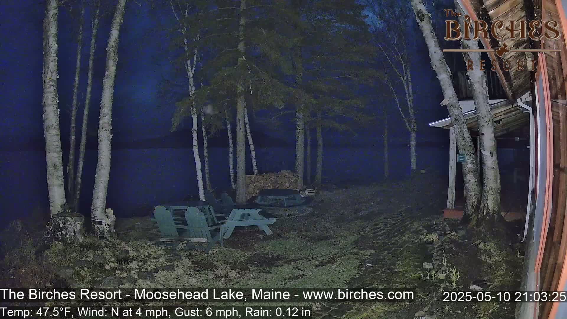 A nighttime scene shows a lakeside area with birch trees, picnic tables, and a building under a dark, rainy sky.