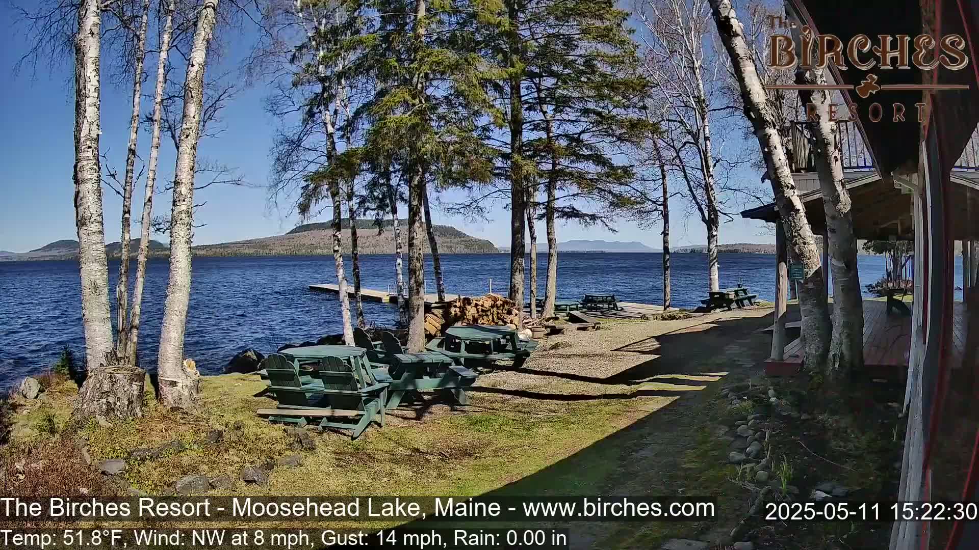 A lakeside patio with picnic tables and birch trees under a sunny sky, overlooking a calm lake and distant mountains.
