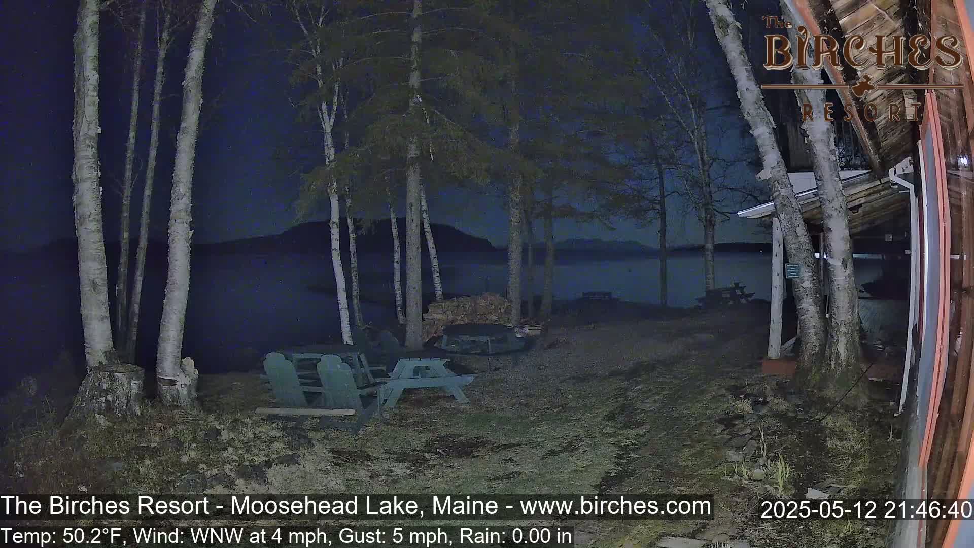 A nighttime lakeside scene shows several birch trees, picnic tables, and a fire pit area near a building under a dark, slightly overcast sky with a calm lake in the background.