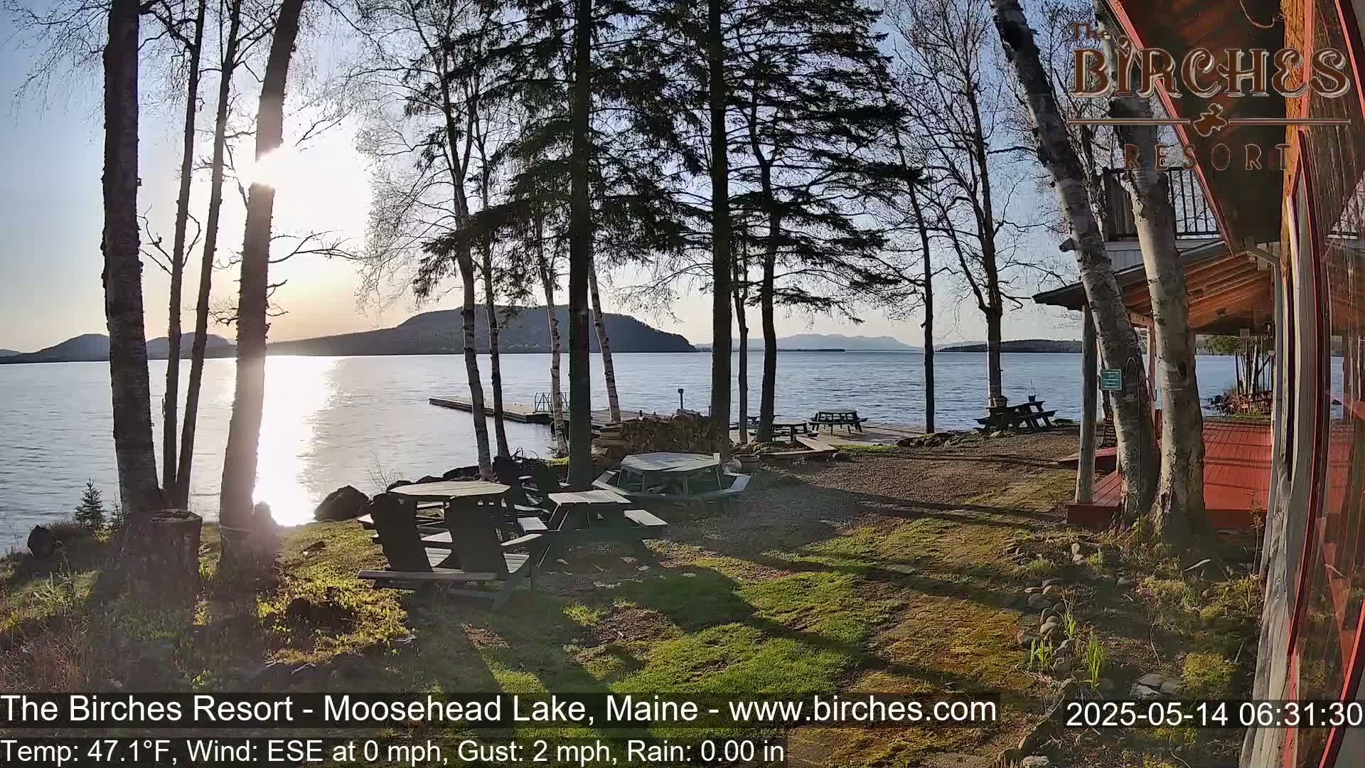 A lakeside view at sunrise shows several picnic tables and chairs near a dock, with birch trees in the foreground and calm water reflecting the sunlight.