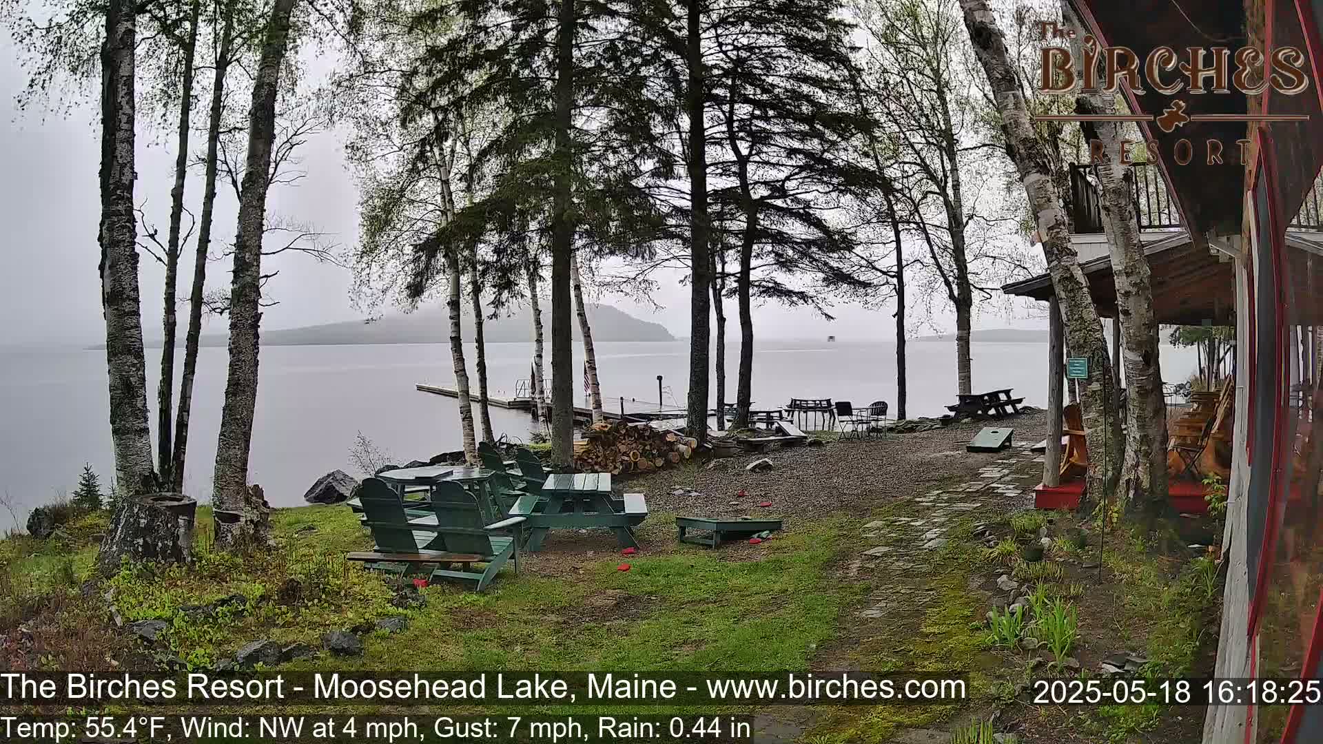 A lakeside patio with picnic tables and Adirondack chairs is partially visible through trees under a rainy, overcast sky.