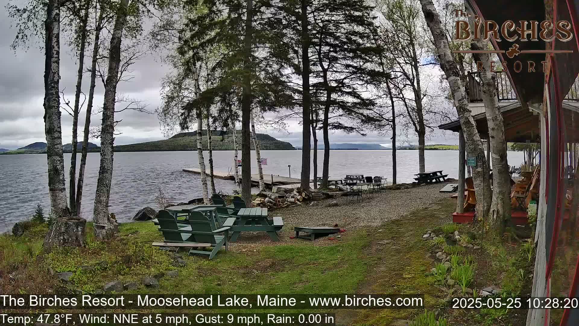 A lakeside view with overcast skies shows a gravel area with picnic tables and chairs near a dock, surrounded by birch trees and a partially visible building.