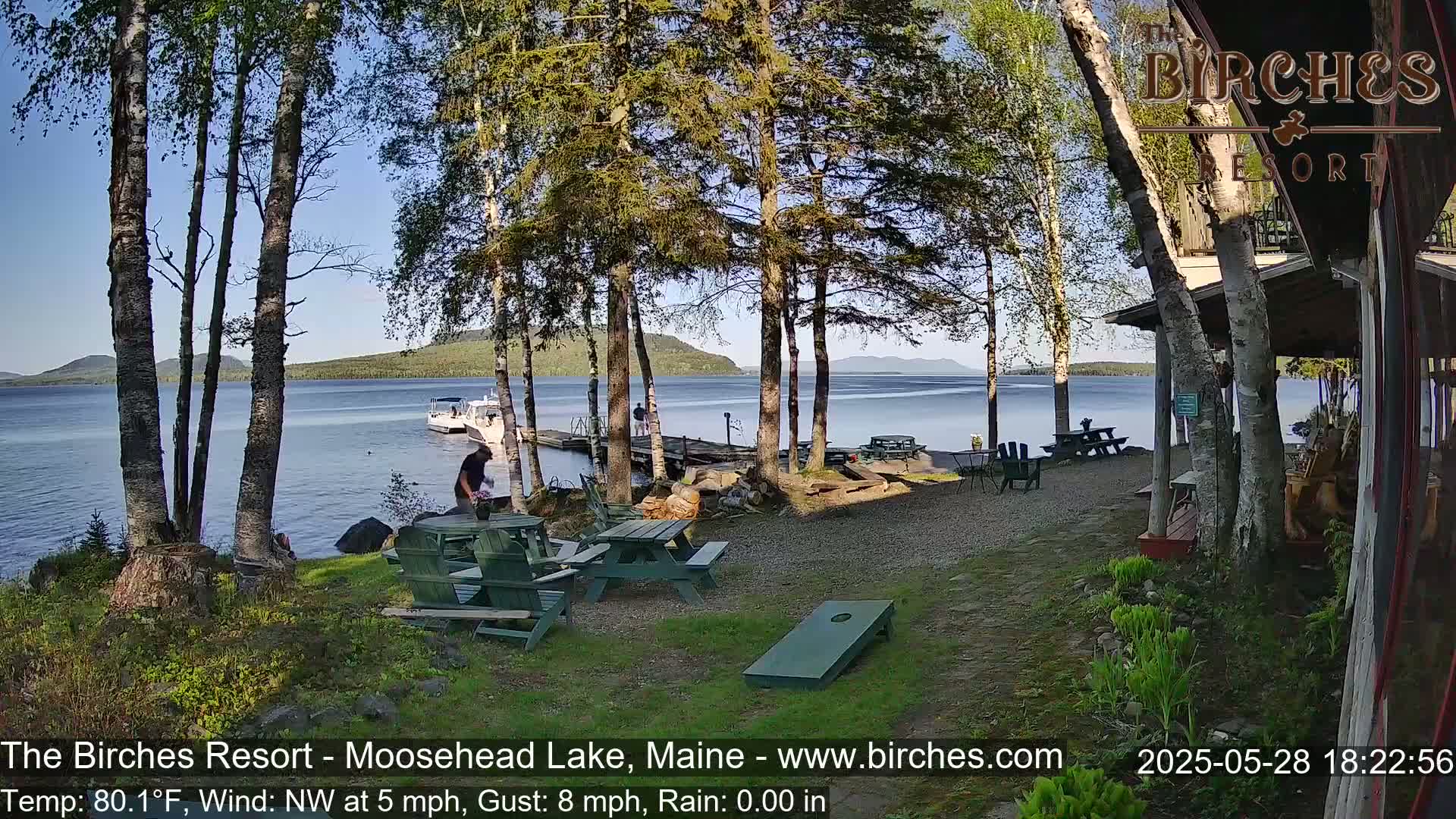 A lakeside resort scene with picnic tables, a dock with boats, and several birch trees under a mostly sunny sky and a light northwest wind.