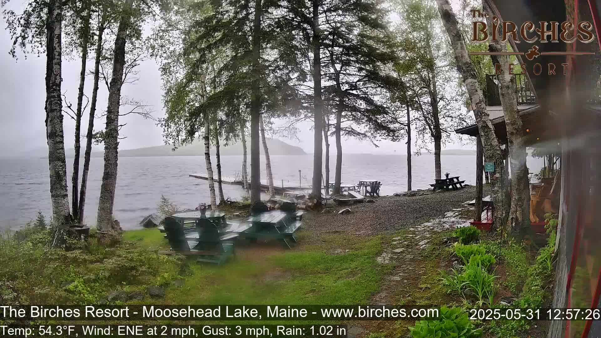 Rainy weather over a lake with a dock, picnic tables, and trees.