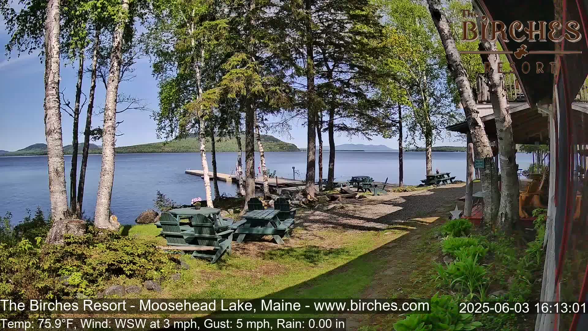 A lakeside patio area with picnic tables is partially shaded by birch trees on a sunny day, overlooking a calm lake and distant mountains.