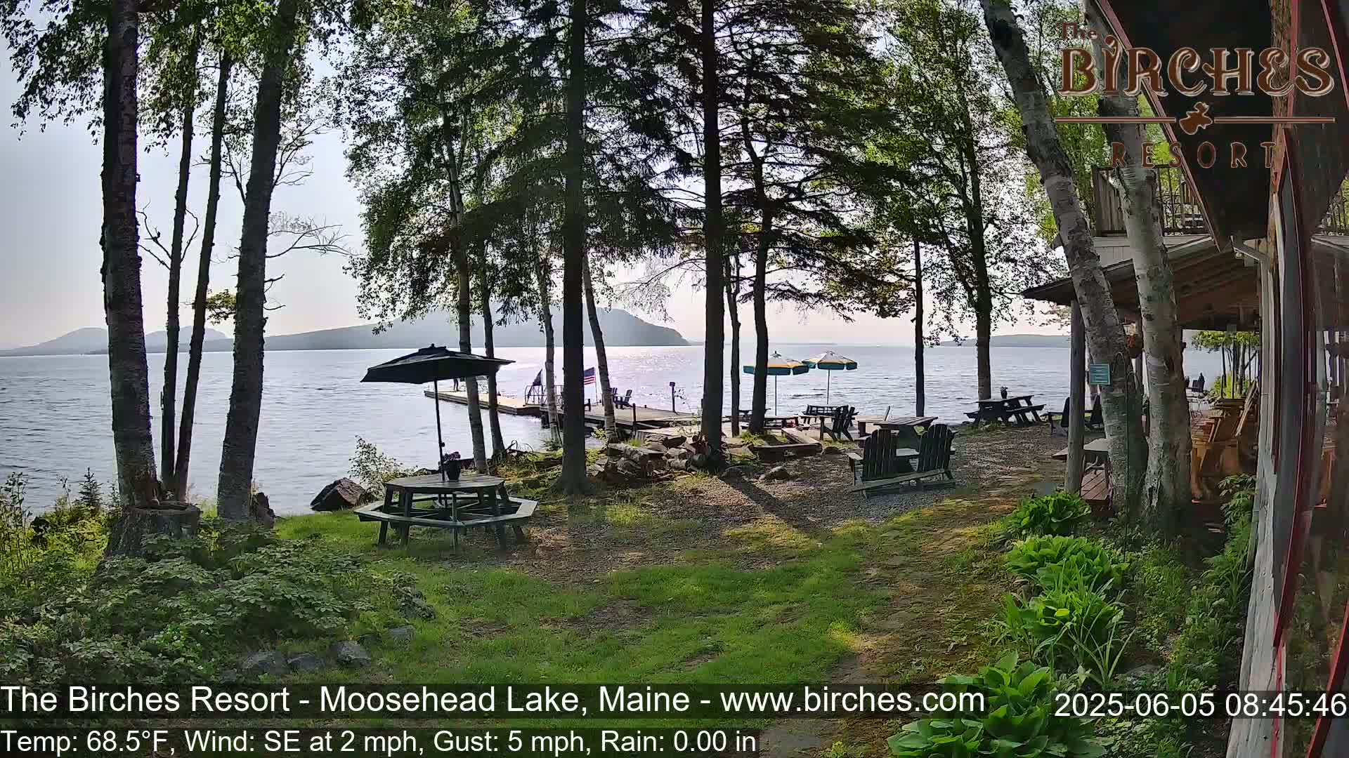 A lakeside resort scene with picnic tables under trees, a dock extending into calm water, and a partly sunny sky.