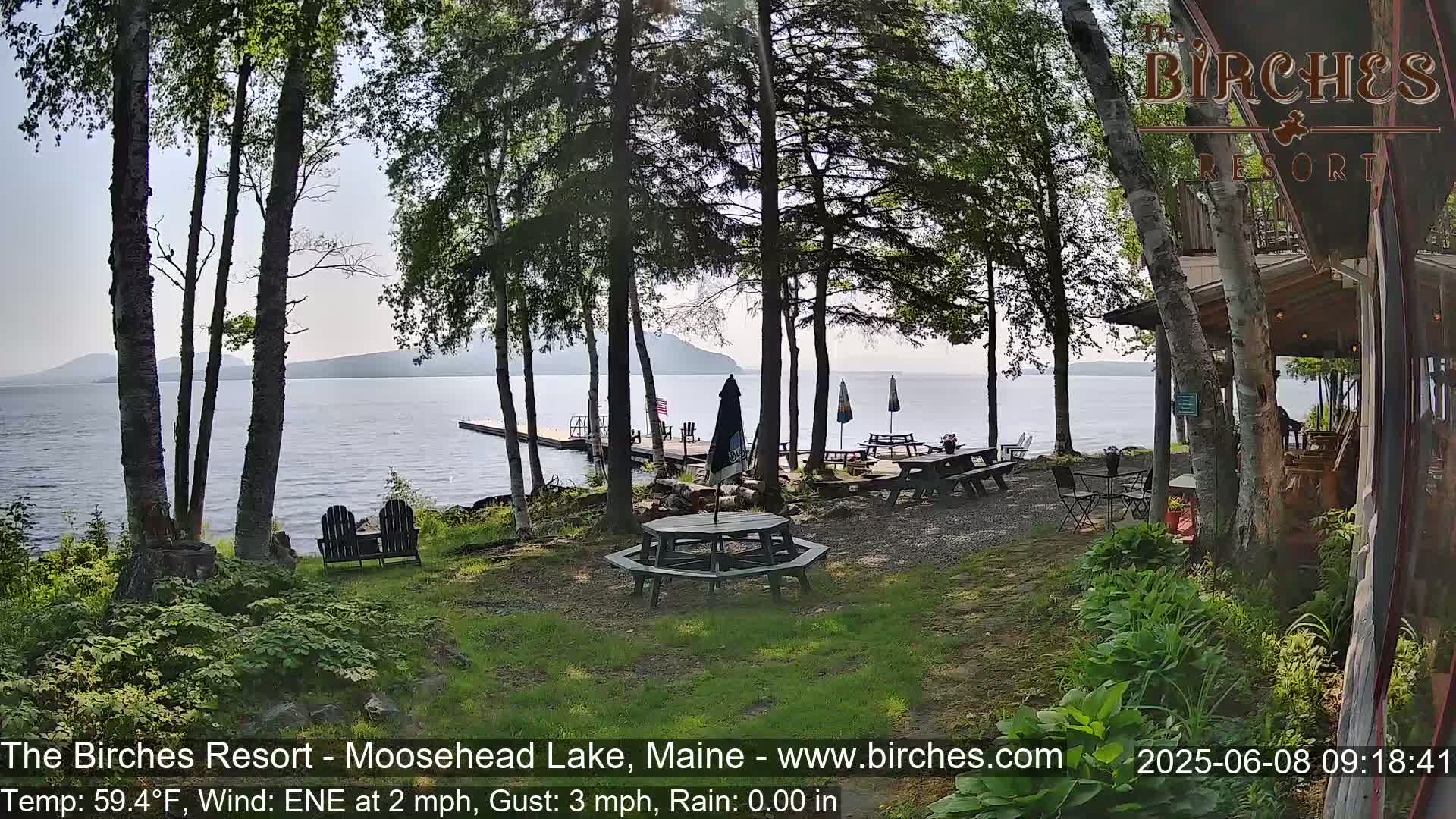 A lakeside patio with picnic tables and Adirondack chairs is partially shaded by trees on a partly sunny day with a light wind and no rain.