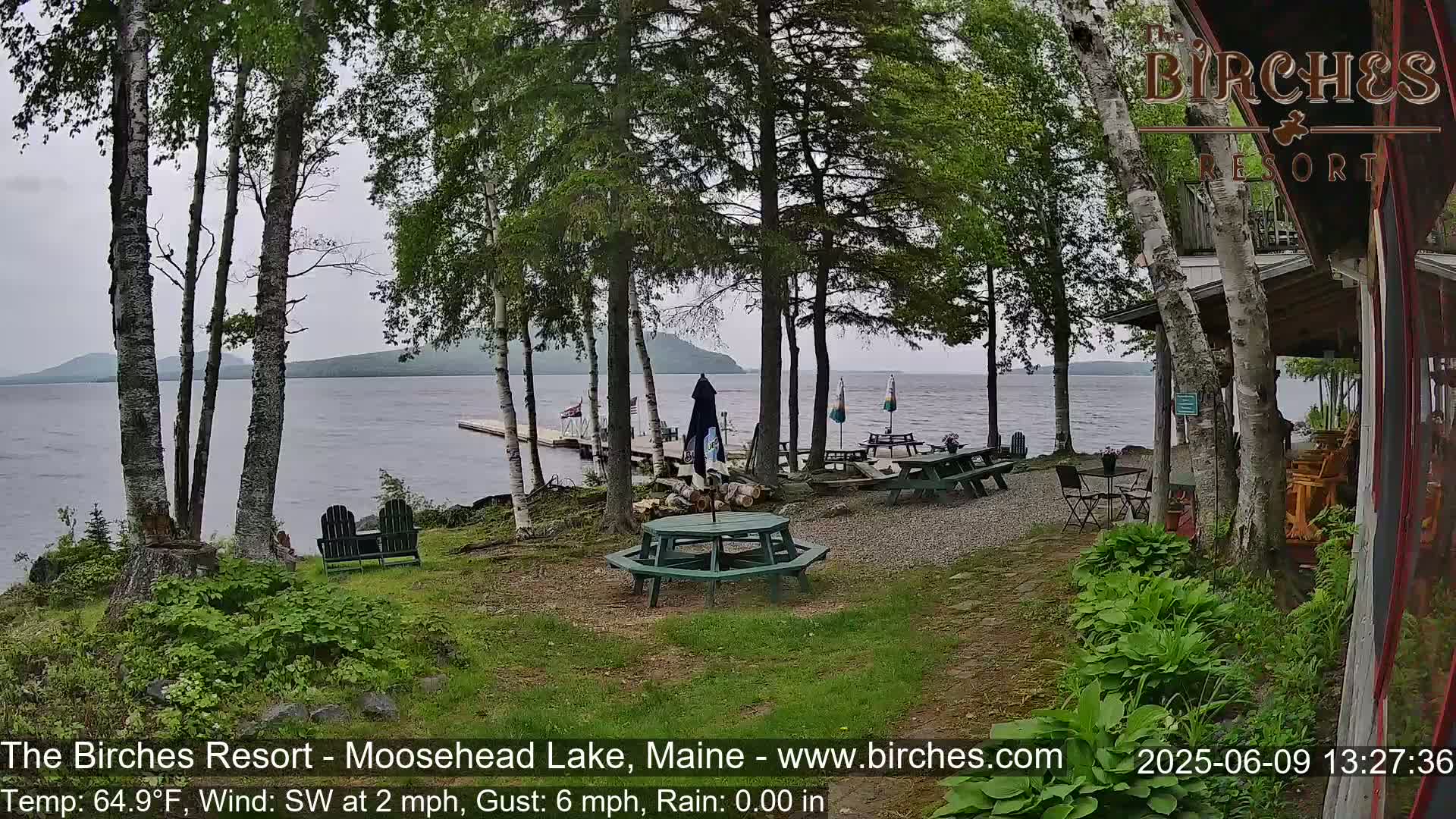 An overcast day at a lakeside resort shows picnic tables and chairs near a dock on a calm lake, surrounded by birch trees and greenery.