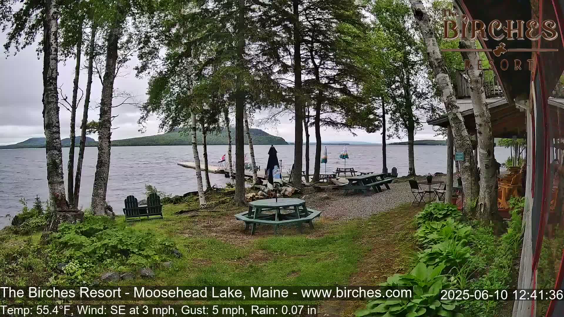 An outdoor lakeside patio area with picnic tables and chairs under a cloudy sky, light rain, and a gentle southeast wind.