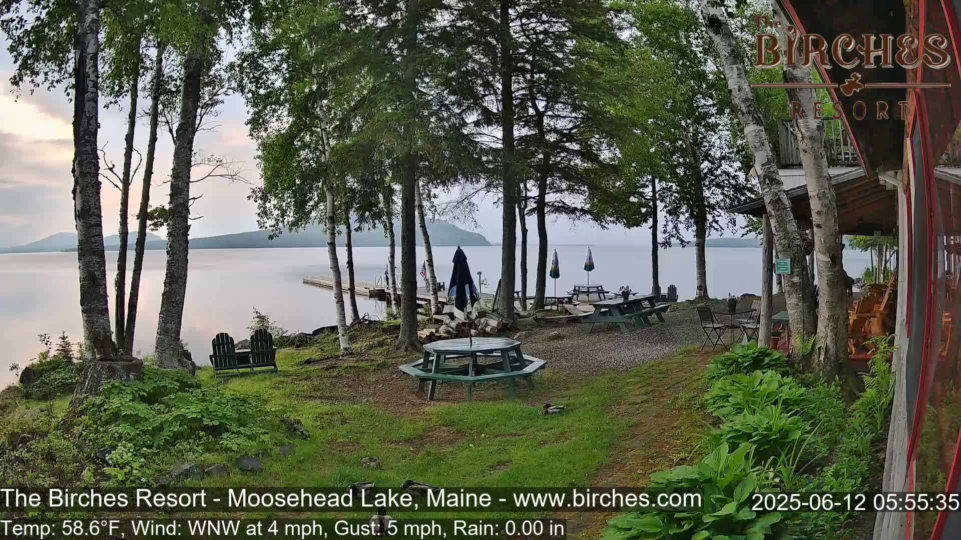 A lakeside patio area with picnic tables and chairs sits under a mostly cloudy sky near several birch trees, overlooking a calm lake and distant mountains.