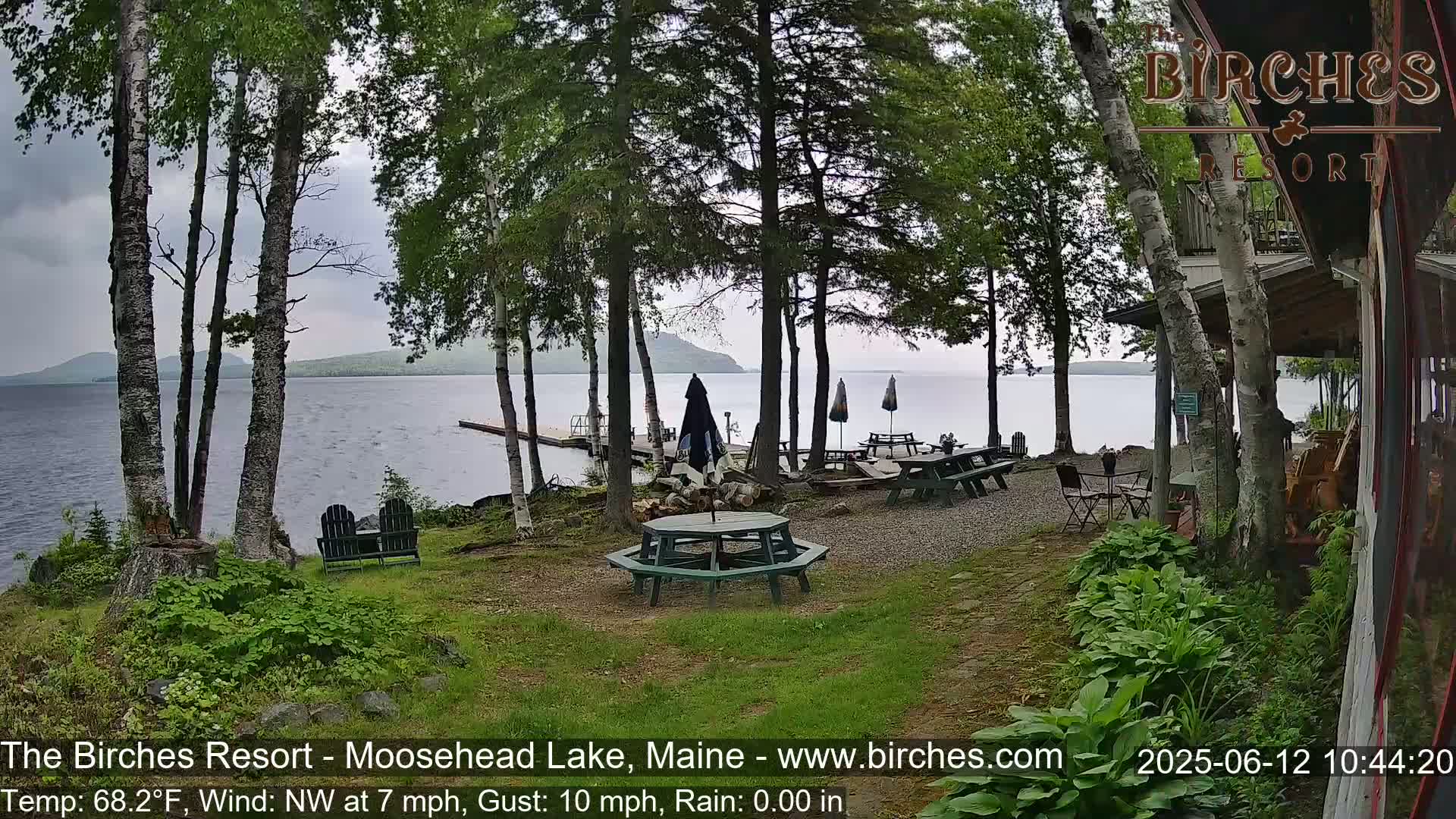 A lakeside patio area with picnic tables and chairs sits under overcast skies, next to a calm lake with a small dock and a background of trees and distant hills.