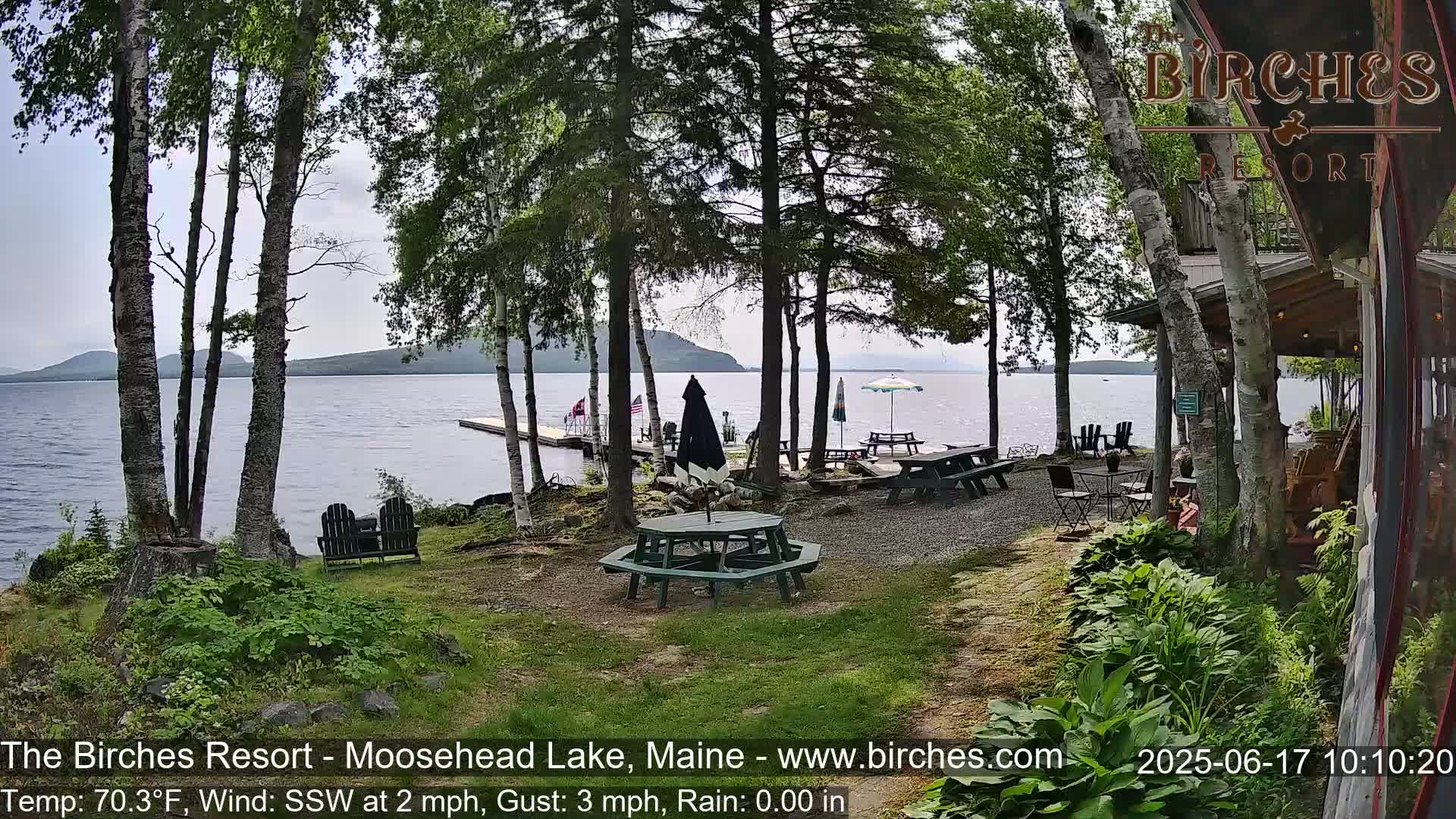 A lakeside outdoor patio area with picnic tables and a dock, under a mostly cloudy sky with light rain.
