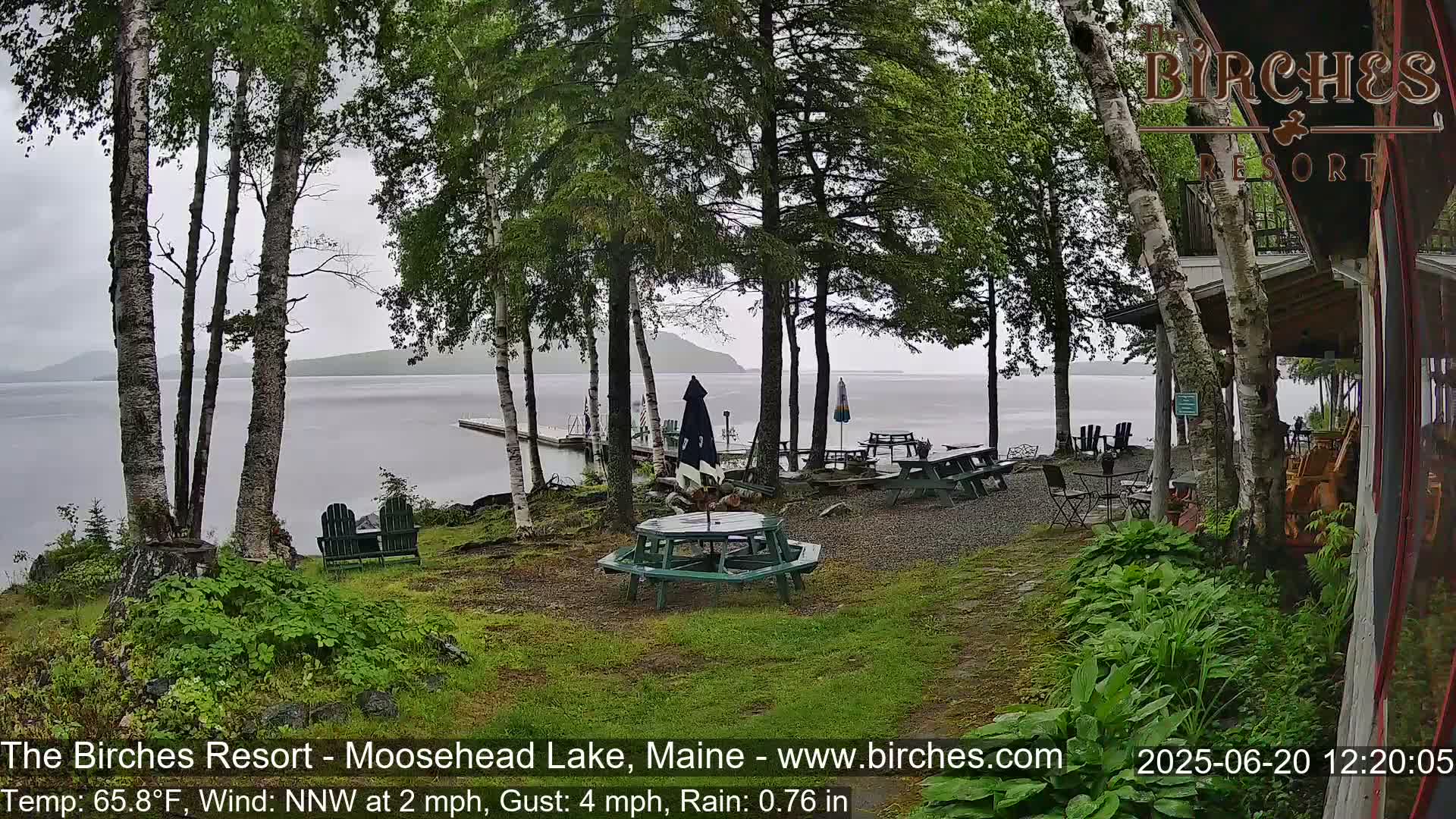 A lakeside patio with picnic tables and chairs is partially visible through trees in rainy weather.