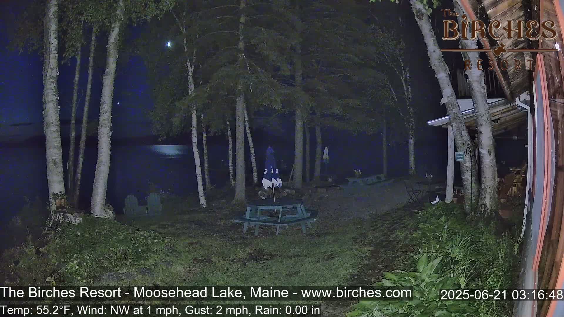 A nighttime scene shows a moonlit lake behind birch trees surrounding a picnic table and patio furniture; the weather is cool and slightly windy with no rain.