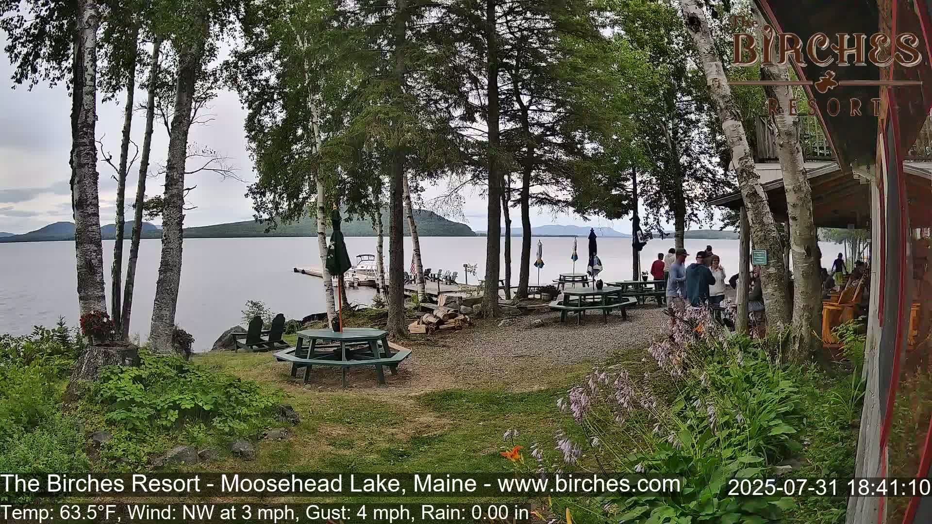 A lakeside resort patio with picnic tables and people gathered near a dock on a partly cloudy day.