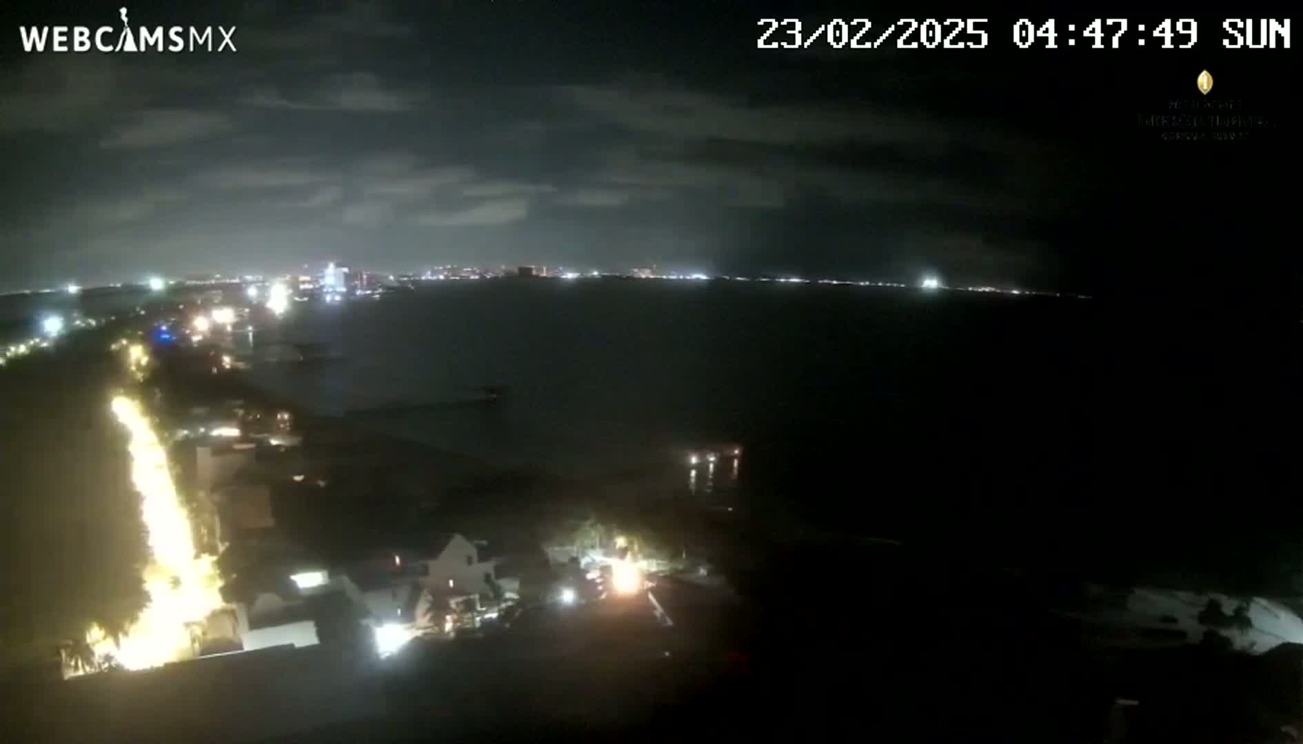 A nighttime coastal scene shows a city skyline across a dark body of water, with illuminated streets and buildings in the foreground under a mostly clear sky.
