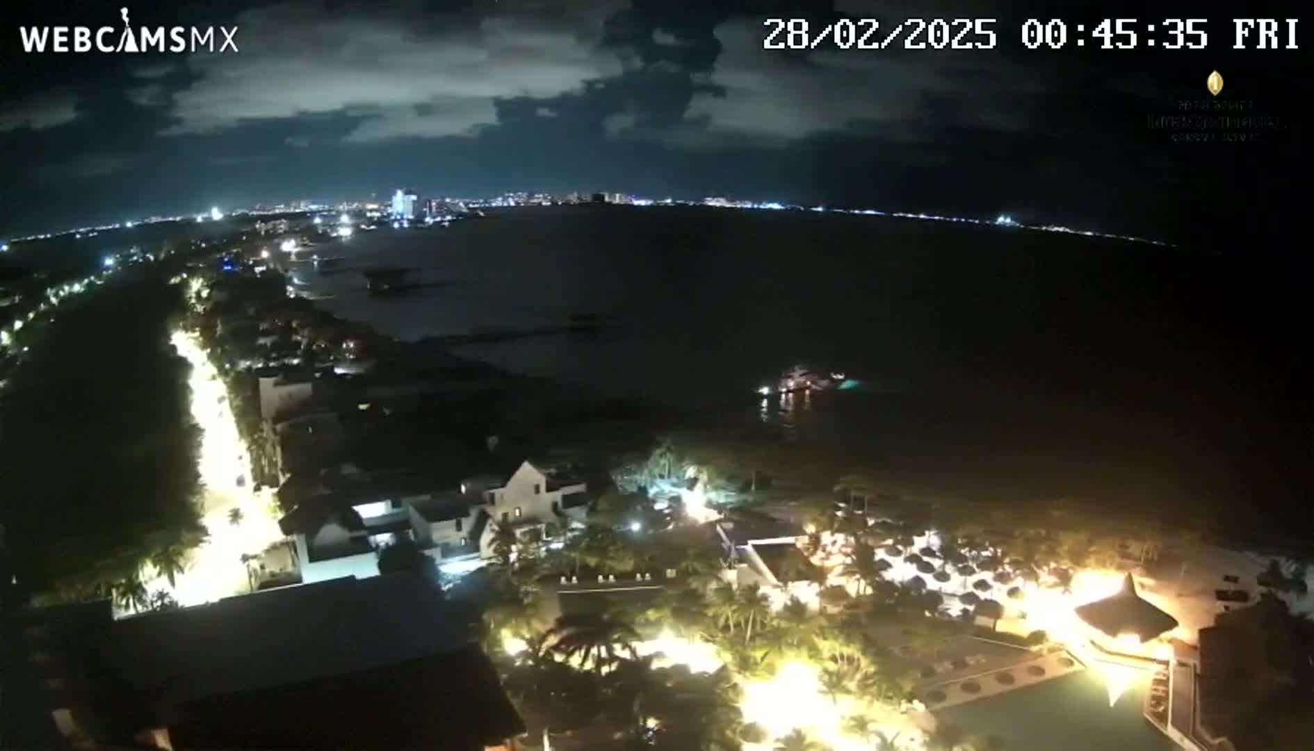 A nighttime aerial view shows a coastline with illuminated buildings and palm trees, a dark body of water, and a distant city skyline under a partly cloudy sky.
