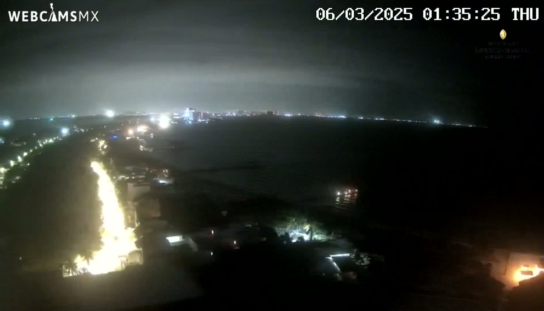 A nighttime, overhead view shows a brightly lit road winding through dark trees toward a body of water with a city skyline in the distance under a dark, cloudy sky.