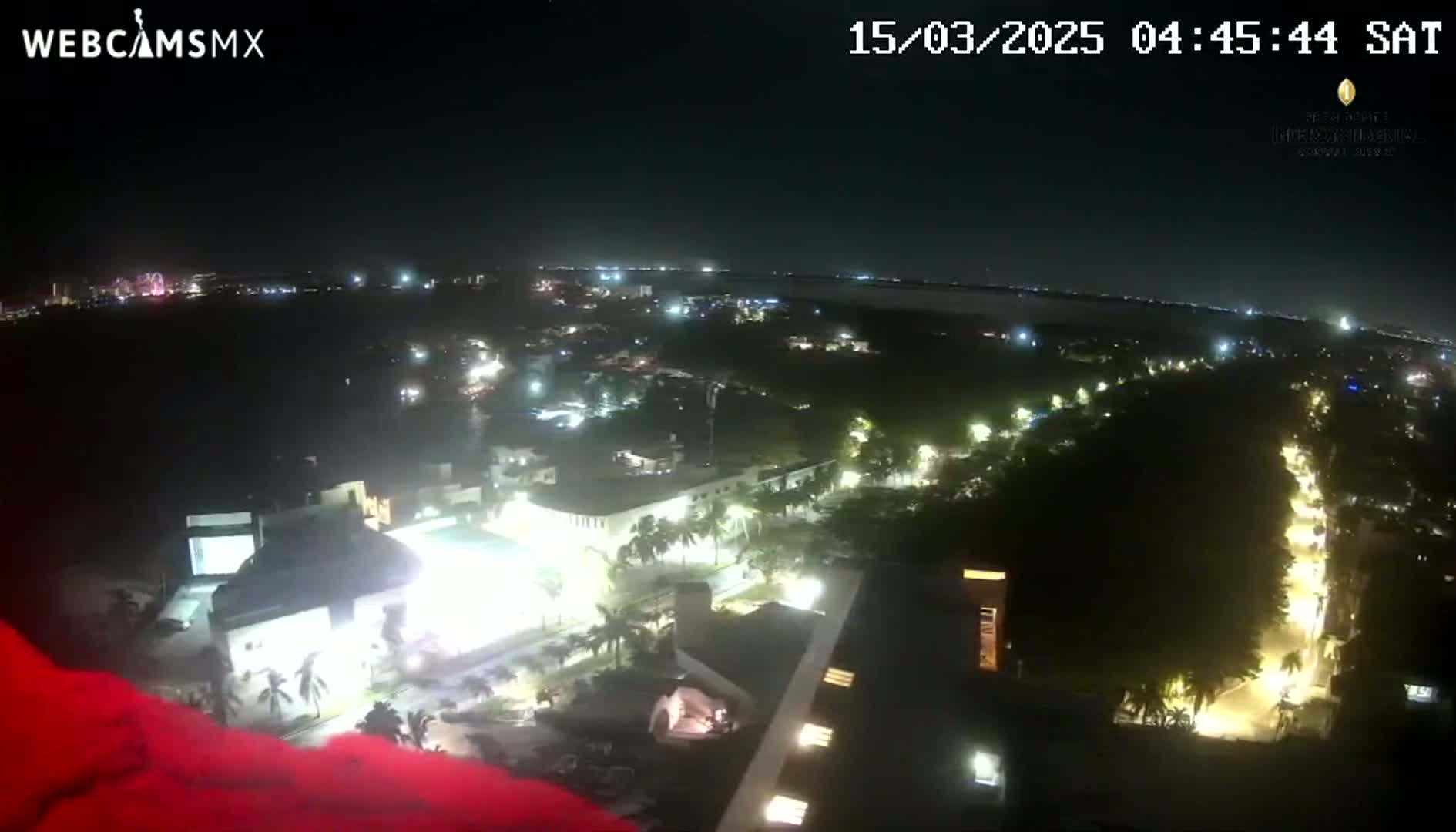 A nighttime aerial view shows a city illuminated by streetlights and building lights, with a body of water visible in the distance under a clear, dark sky.